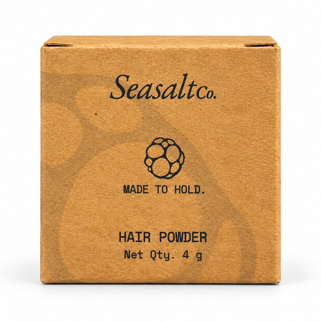 Seasaltco black hair powder in a small brown cardboard box for thinning hair and hairline coverage