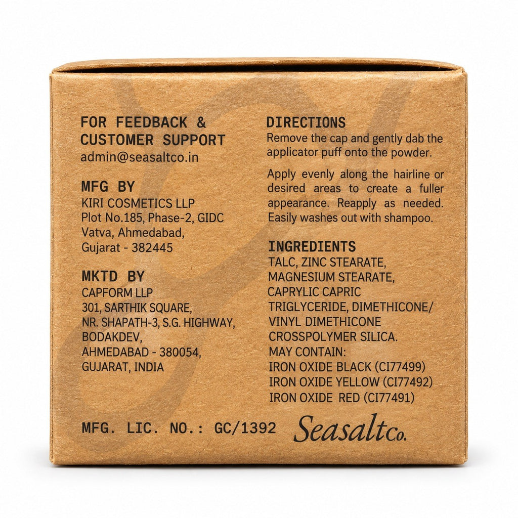Back of the Seasaltco Hair Powder box featuring ingredients, directions, and manufacturing details on brown cardboard.